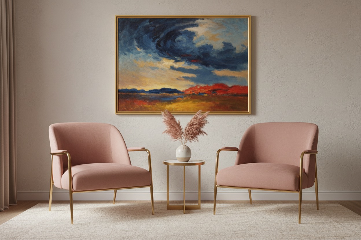 uno spazio elegante e raccolto, visto da vicino con due poltroncine rosa con gambe e braccioli dorati, vuote, con il quadro di Emile Nolde di paesaggio appeso al muro fra le due poltroncine, che si intravede in sfumato